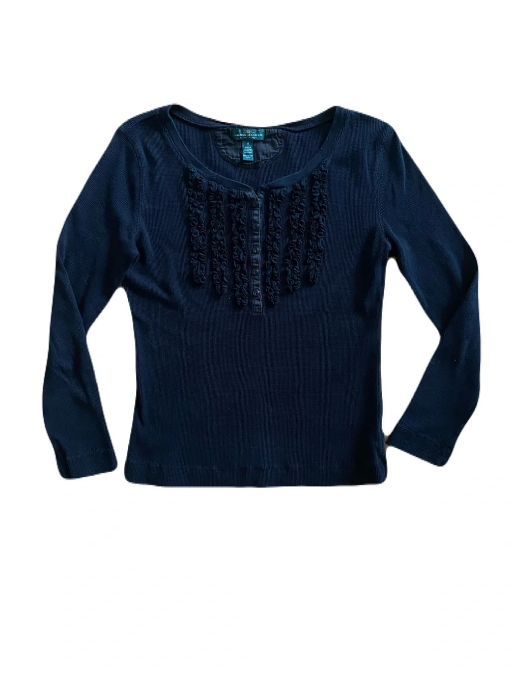 Y2k Ralph Lauren Black Waffle Knit Henley Top with Ruffles & Button Detail